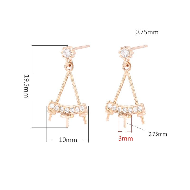 Triangle Crystals Earrings Stud Setting Sterling Silver Gold Bezel Fine 925 4x4mm For Tree Pearls Beads No Prongs DIY Jewelry Wholesale