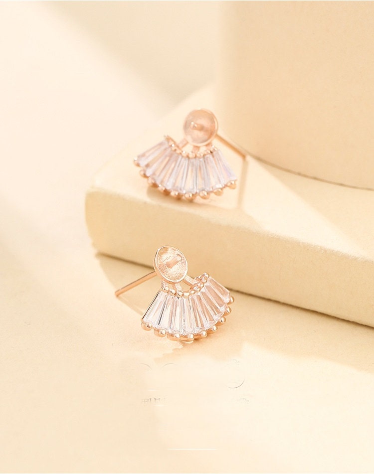 Crystals Fan Cup Base Stud Earrings Setting Sterling Silver Rose Gold Fine 925 5-10mm For One Bead Pearl No Prongs DIY Jewelry Wholesale