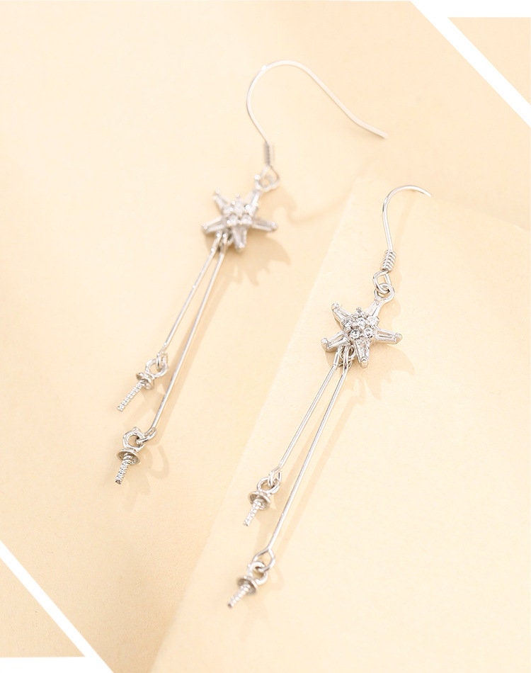 Star Hang Pin Earrings Hook Blank Setting Sterling Silver Gold Bezel Fine 925 5-10mm For Two Pearls Beads No Prongs DIY Jewelry Wholesale