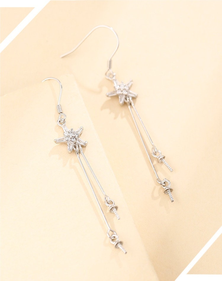 Star Hang Pin Earrings Hook Blank Setting Sterling Silver Gold Bezel Fine 925 5-10mm For Two Pearls Beads No Prongs DIY Jewelry Wholesale