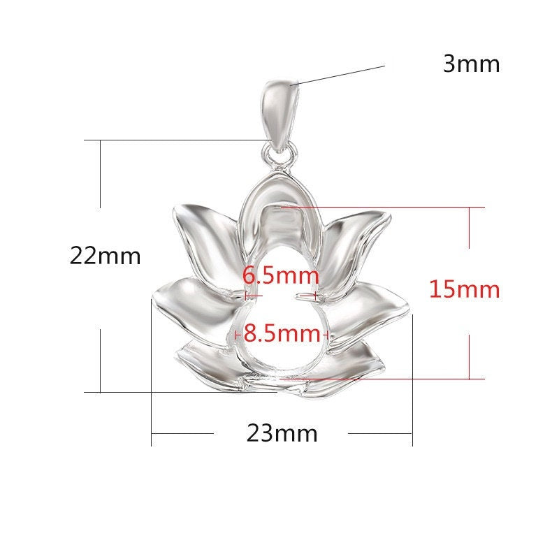 Buddhist Style Lotus Base Blank Bezel Pendant Two Prongs Setting Sterling Silver Gold Fine 925 6.5x15mm One Stone Gemstone DIY Jewelry