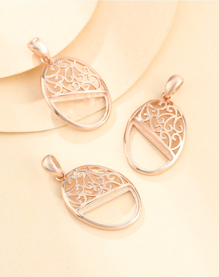 Openwork Semicircle Base Pendant Blank Setting Sterling Silver Rose Gold Fine 925 9x13.5mm For One Stone No Prongs DIY Jewelry Wholesale