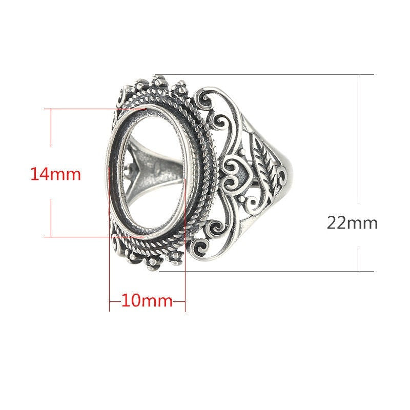 Ring Blank Setting 1pc Sterling Silver 925 Vintage Leaf Pattern Oval Adjustable Fine 10x14mm For One Stone Gemstone No Prongs Wholesale