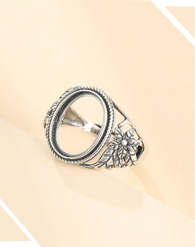 Ring Blank Setting 1pc Sterling Silver 925 Retro Flower Oval Base Fine 10.5x14mm For One Stone Gemstone Adjustable No Prongs Wholesale