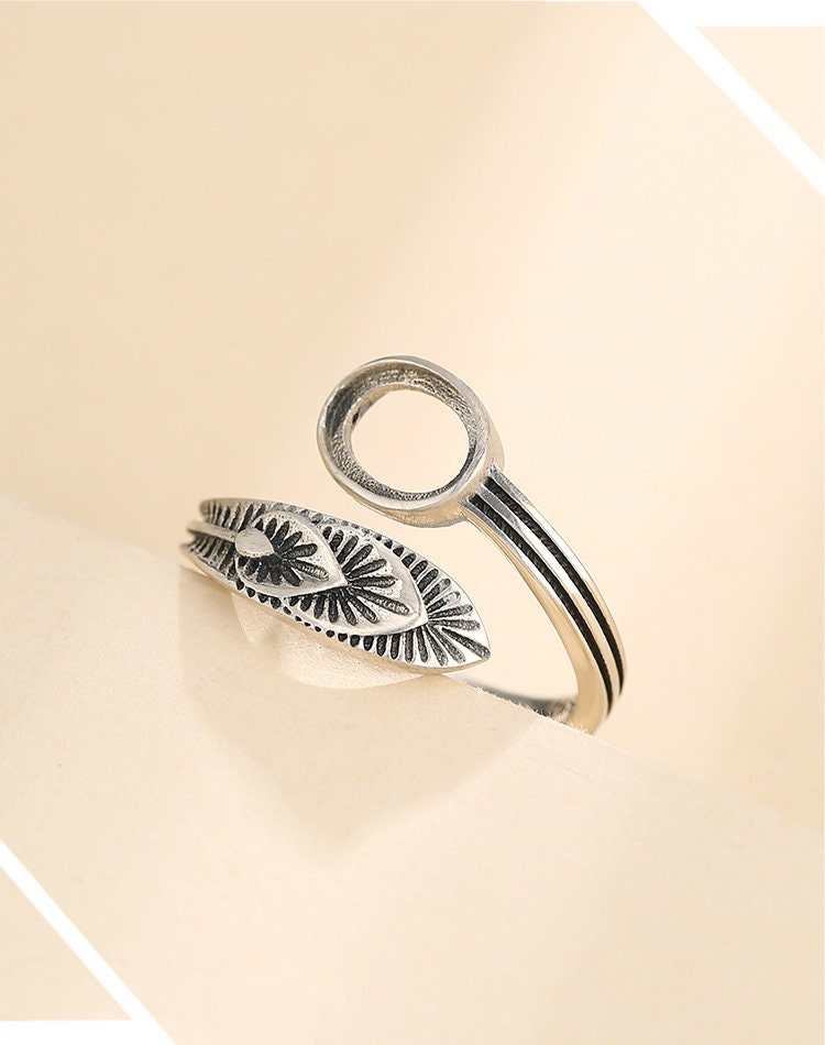 Ring Blank Setting 1pc Sterling Silver 925 Retro Feather Oval Base Fine 6x8mm For One Stone Gemstone Adjustable No Prongs Wholesale