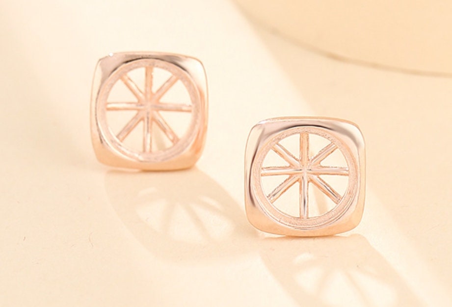 Smooth Square Round Base Stud Earrings Blank Setting Sterling Silver Gold Fine 925 3-10mm For One Stone Bead No Prongs DIY Jewelry Wholesale