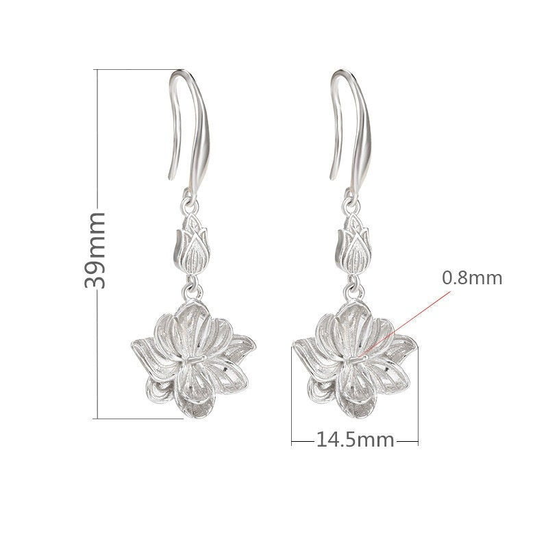 Vintage Flowers Cup Pin Earrings Hook Setting Fine Sterling Silver White Gold 925 8mm For One Pearl Bead No Prongs DIY Jewelry Wholesale