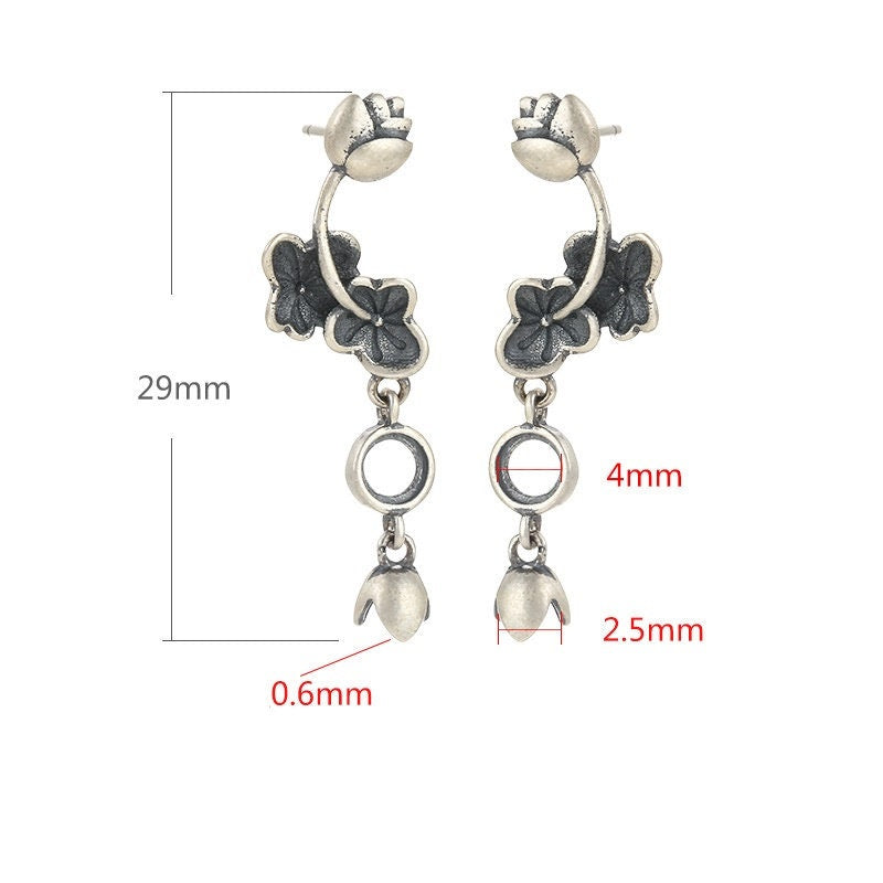 Vintage Flower Branch Cup Earrings Stud Setting Fine Sterling Silver Gold 925 2.5mm 4mm For Two Pearls Beads No Prongs DIY Jewelry Wholesale