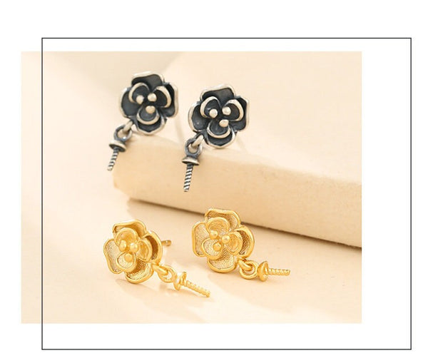 Retro Flower Cup Pin Earrings Stud No Prongs Setting Sterling Silver Gold Fine 925 8x10mm For One Pearl Bead DIY Jewelry Wholesale