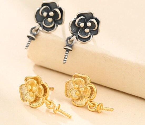 Retro Flower Cup Pin Earrings Stud No Prongs Setting Sterling Silver Gold Fine 925 8x10mm For One Pearl Bead DIY Jewelry Wholesale