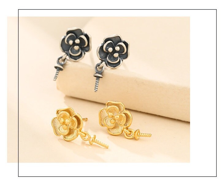 Retro Flower Cup Pin Earrings Stud No Prongs Setting Sterling Silver Gold Fine 925 8x10mm For One Pearl Bead DIY Jewelry Wholesale
