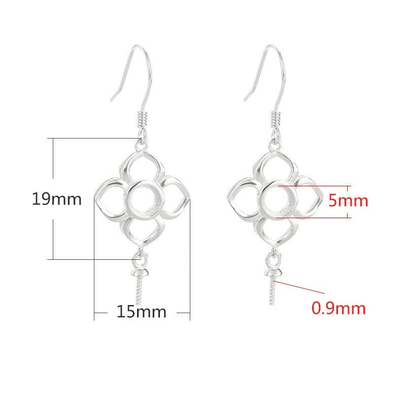 Flower Pin Base Earrings Hook Setting Sterling Silver Rose Gold Fine 925 15x19mm For Two Stones Beads No Prongs DIY Jewelry Wholesale