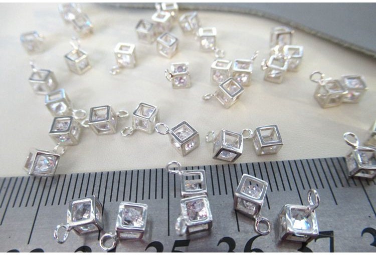 Sterling Silver Cube Zircon Charm Pendant 4 mm Pendant Findings for Handmade Pure Fine Jewelry Making Wholesale Bulk