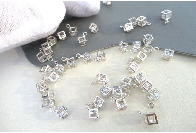 Sterling Silver Cube Zircon Charm Pendant 4 mm Pendant Findings for Handmade Pure Fine Jewelry Making Wholesale Bulk