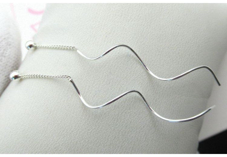 Sterling Silver Wave Earring Wires with Chain and Ball 6 cm Earring Findings for Handmade Pure Fine Jewelry Making Wholesale Bulk