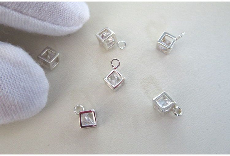 Sterling Silver Cube Zircon Charm Pendant 4 mm Pendant Findings for Handmade Pure Fine Jewelry Making Wholesale Bulk