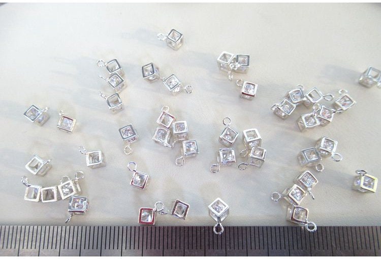 Sterling Silver Cube Zircon Charm Pendant 4 mm Pendant Findings for Handmade Pure Fine Jewelry Making Wholesale Bulk