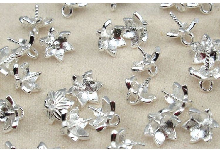 Sterling Silver Flower Bead Cap with Pin 7 mm Beads Findings for Handmade Pure Fine Jewelry Making Wholesale Bulk