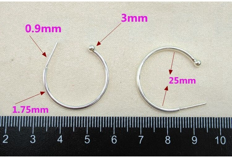 Sterling Silver Ball Hoop Earrings 25 mm Earring Findings for Handmade Pure Fine Jewelry Making Wholesale Bulk