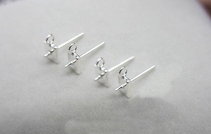 Sterling Silver Earrings Rectangle Studs with Pearl Holder 13mm Earring Findings for Handmade Pure Fine Jewelry Making Wholesale Bulk