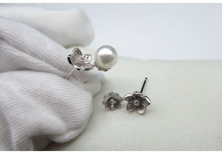 Sterling Silver Earrings Studs with Pearl Holder Blank Settings 7-8mm Earring Findings for Handmade Pure Fine Jewelry Making Wholesale Bulk