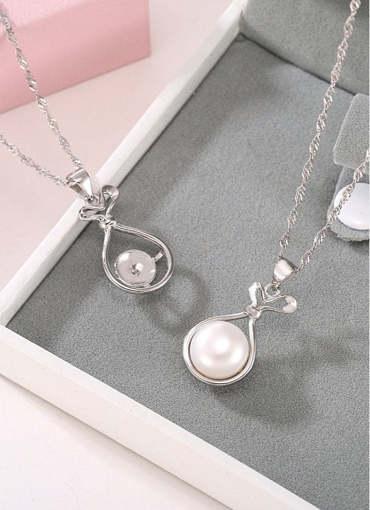 Necklace Pendant Blank Setting Gift Bag Charm 27mm Sterling Silver White Gold Fine 925 For One Pearl Prong DIY Jewelry Finding Wholesale 1pc