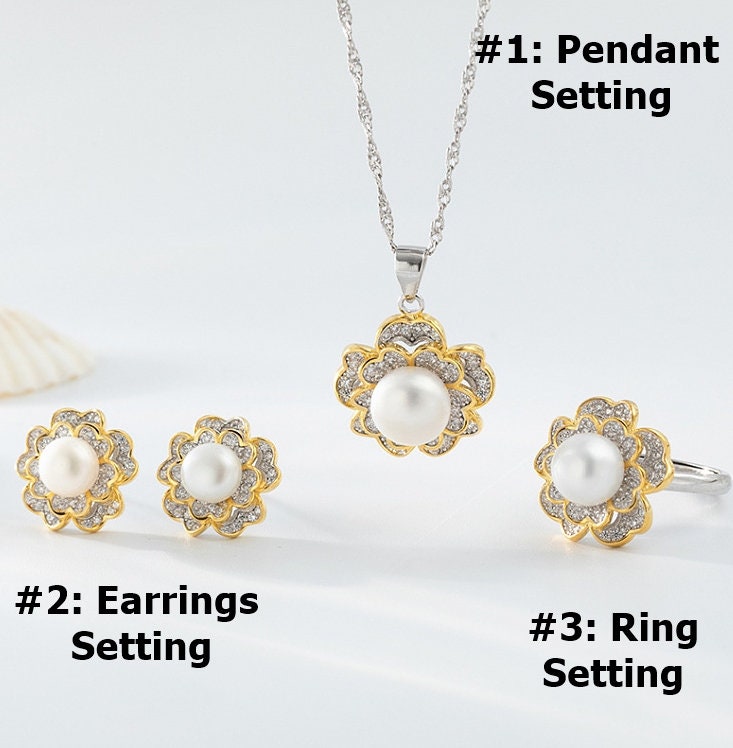 Setting Blanks Jewelry Set 925 Sterling Silver Halo Ring Earrings Pendant Necklace 18 25mm 3/4 1" CZ Mount Pearl Peg Cup Bead Bulk