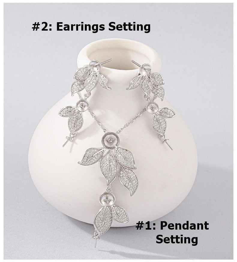 Setting Blanks Jewelry Set 925 Sterling Silver Halo Earrings Pendant Necklace 25 53mm 1 2" CZ Mount Pearl Peg Cup Bead Bulk