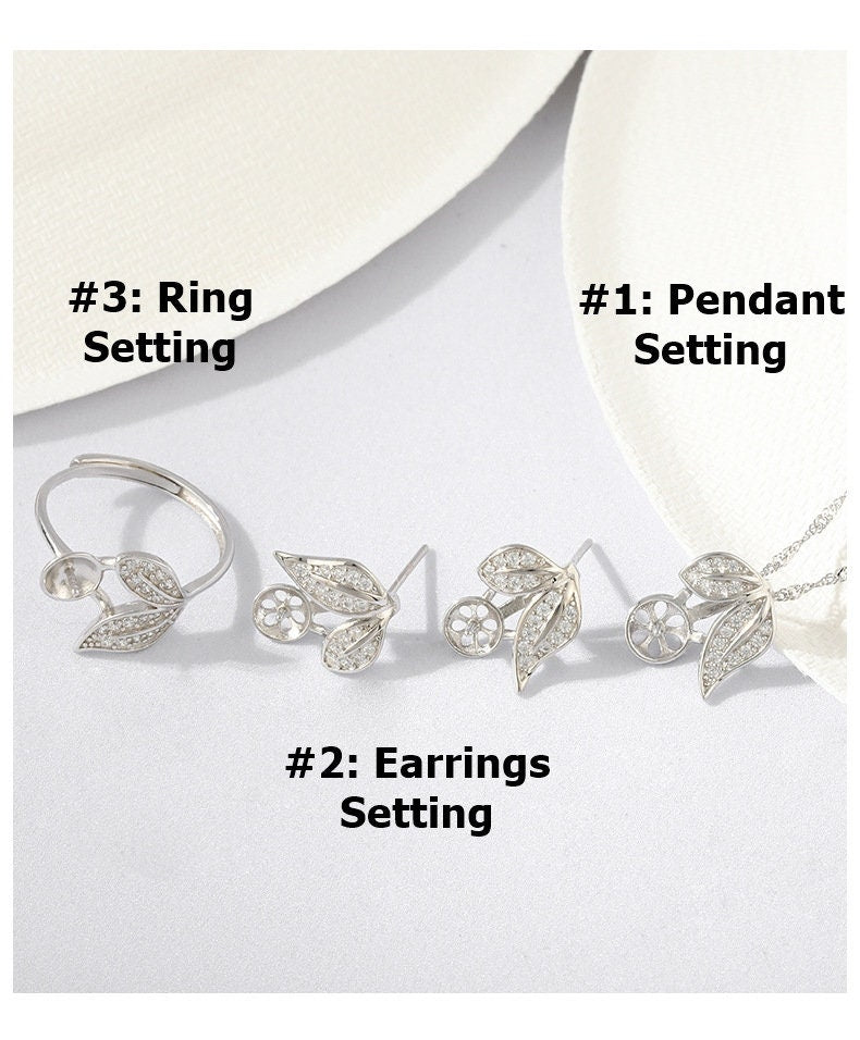 Setting Blanks Jewelry Set 925 Sterling Silver Halo Ring Earrings Pendant Necklace 13 16mm 1/2 5/8" CZ Mount Pearl Peg Cup Bead Bulk