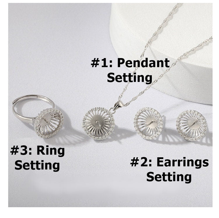 Setting Blanks Jewelry Set 925 Sterling Silver Halo Ring Earrings Pendant Necklace 15mm 5/8" CZ Mount Pearl Peg Cup Bead Bulk