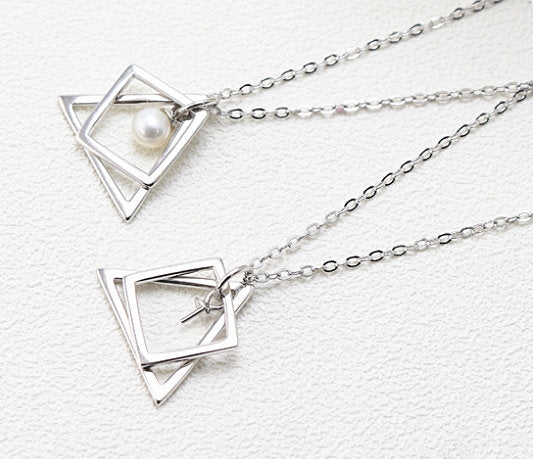 Necklace Pendant Blank Setting Triangle Charm 18mm Sterling Silver White Gold Fine 925 For One Pearl Prong DIY Jewelry Finding Wholesale 1pc