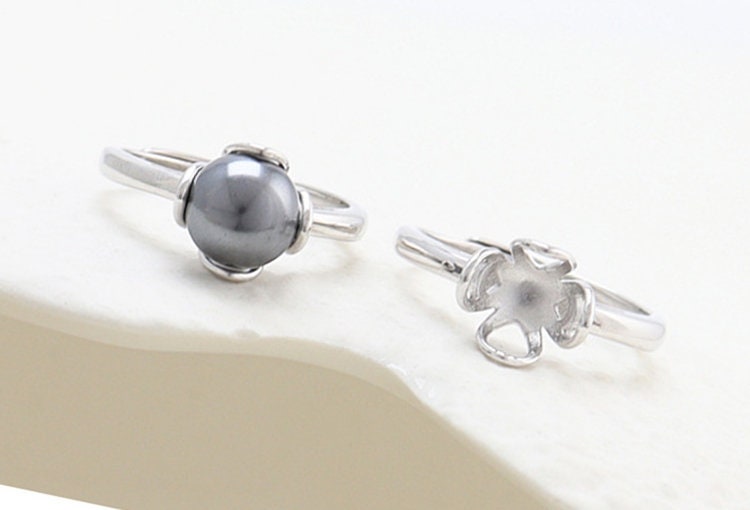 Ring Blank Pearl Setting 8mm 925 Solid Sterling Silver White Gold Bezel Flower Cup Adjustable For One Bead DIY Jewelry Finding Wholesale 1pc