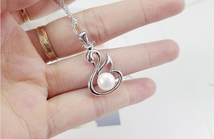 Necklace Pendant Blank Setting Swan Charm 30mm Sterling Silver White Gold Fine 925 For One Pearl Prong DIY Jewelry Finding Wholesale 1pc