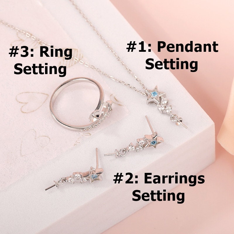 Setting Blanks Jewelry Set 925 Sterling Silver Halo Ring Earrings Pendant Necklace 25mm 1" CZ Mount Pearl Peg Cup Bead Bulk
