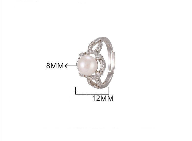 Ring Blank Pearl Setting 8mm 925 Solid Sterling Silver White Gold Bezel Flower Cup Adjustable For One Bead DIY Jewelry Finding Wholesale 1pc