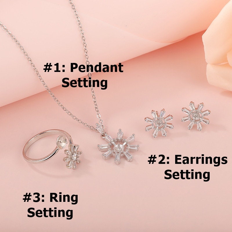 Setting Blanks Jewelry Set 925 Sterling Silver Halo Ring Earrings Pendant Necklace 16 23mm 5/8 7/8" CZ Mount Pearl Peg Cup Bead Bulk