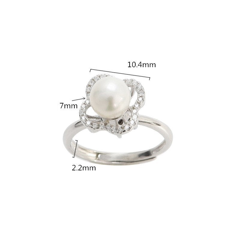 Ring Blank Pearl Setting 7mm 925 Solid Sterling Silver White Gold Bezel Flower Cup Adjustable For One Bead DIY Jewelry Finding Wholesale 1pc