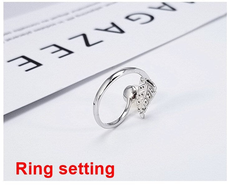 Ring Setting Blank 6.5mm 1pc 1.6g 925 Sterling Silver Adjustable CZ Semi Mount Leaf Shape Base for 1 Pearl Bead Wholesale Available