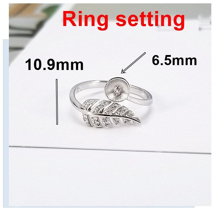 Ring Setting Blank 6.5mm 1pc 1.6g 925 Sterling Silver Adjustable CZ Semi Mount Leaf Shape Base for 1 Pearl Bead Wholesale Available