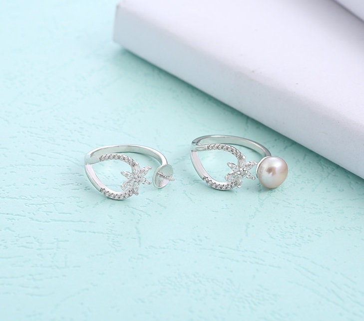 Ring Blank Pearl Setting 8mm 925 Solid Sterling Silver White Gold Bezel Flower Cup Adjustable For One Bead DIY Jewelry Finding Wholesale 1pc