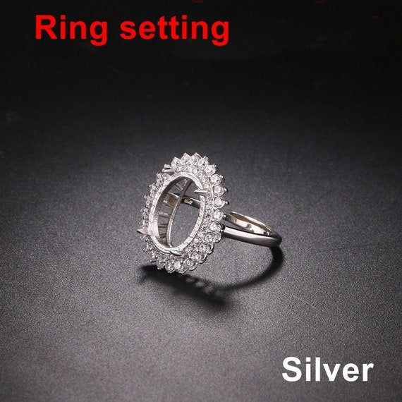 Halo Ring Setting Blank 16mm 1pc 925 Sterling Silver CZ Semi Mount for Oval Faceted Stone 4 Prongs Love Theme Adjustable Wholesale Available