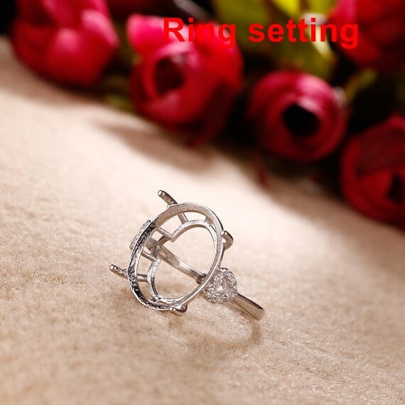 Ring Setting Blank 17mm 1pc 925 Sterling Silver CZ Semi Mount for 1 Oval Faceted Stone 4 Prongs Love Theme Adjustable Wholesale Available