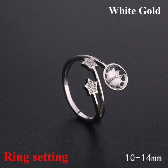 Ring Setting Blank 10-14mm 1pc 1.7g 925 Sterling Silver Adjustable CZ Semi Mount Star Shape Base for 1 Pearl Bead Wholesale Available