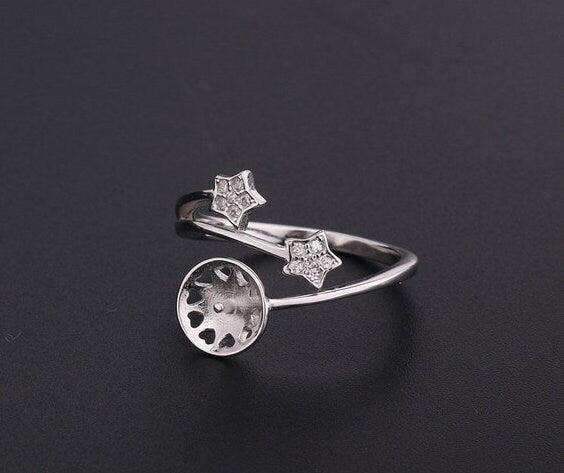 Ring Setting Blank 10-14mm 1pc 1.7g 925 Sterling Silver Adjustable CZ Semi Mount Star Shape Base for 1 Pearl Bead Wholesale Available