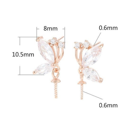 Stud Earring Setting Blanks 8x10.5mm 1 Pair 1.7g 925 Sterling Silver CZ Semi Mount Butterfly Base for 1 Pearl Bead Wholesale Available