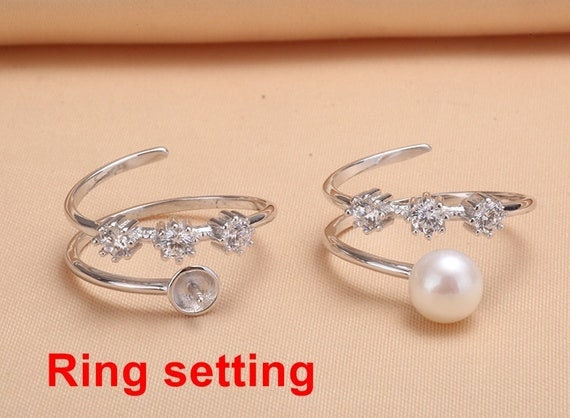 Ring Setting Blank 6mm 1pc 1.4g 925 Sterling Silver Adjustable CZ Semi Mount Round Shape Base for 1 Pearl Bead Wholesale Available