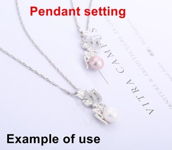 Necklace Pendant Setting Blank 8mm 1pc 1.7g 925 Sterling Silver Wings Fairy Shape Base for 1 Pearl Bead CZ Semi Mount Wholesale Available