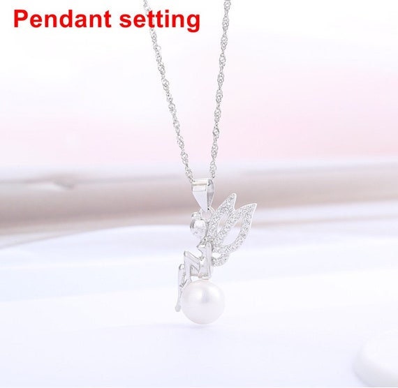 Necklace Pendant Setting Blank 8mm 1pc 1.7g 925 Sterling Silver Wings Fairy Shape Base for 1 Pearl Bead CZ Semi Mount Wholesale Available