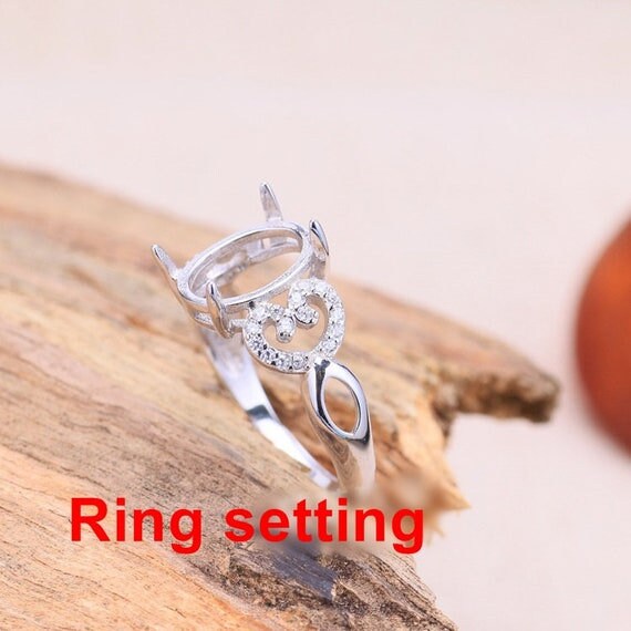 Halo Ring Setting Blank 9x11mm 1pc 925 Sterling Silver CZ Semi Mount for Oval Faceted Cabochon Stone 4 Prongs Adjustable Wholesale Available