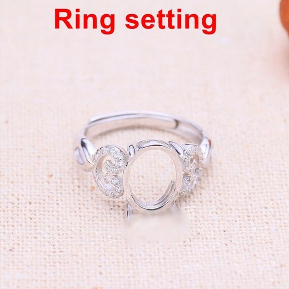 Halo Ring Setting Blank 9x11mm 1pc 925 Sterling Silver CZ Semi Mount for Oval Faceted Cabochon Stone 4 Prongs Adjustable Wholesale Available